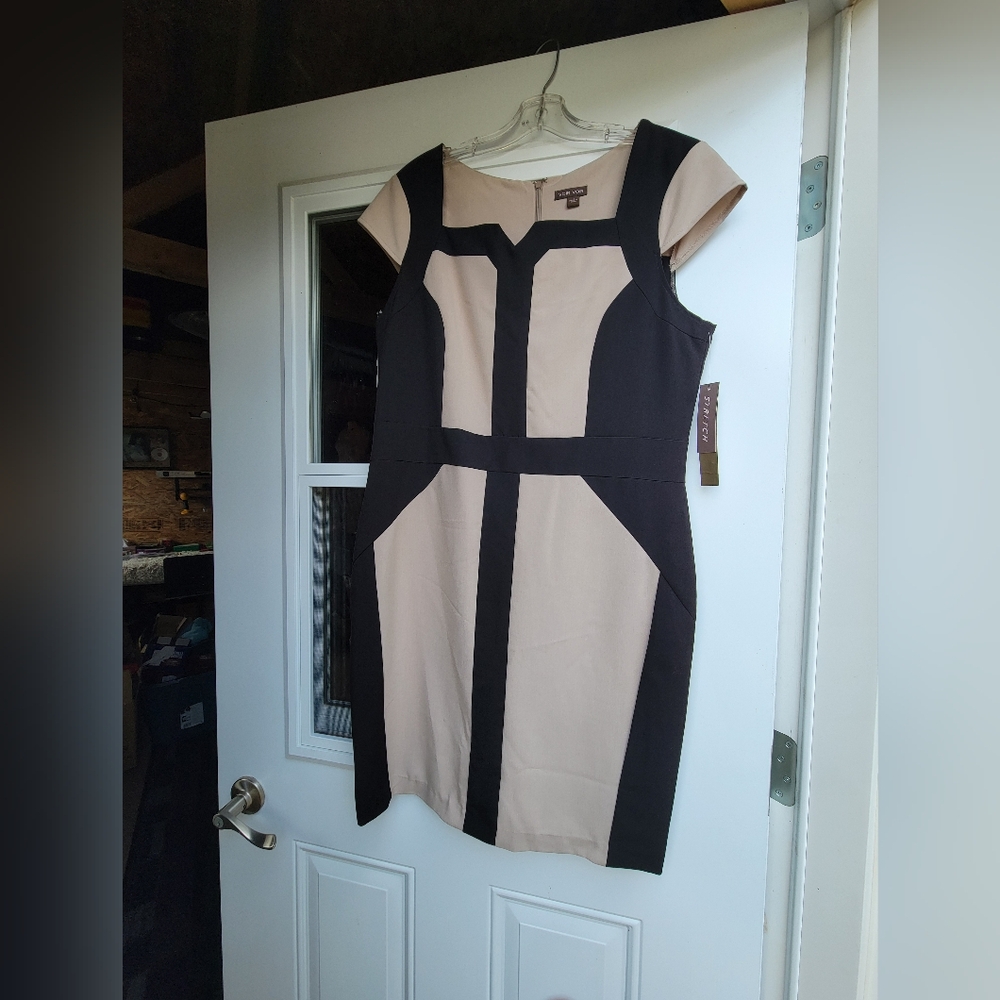 Elegant Voir  Black and Tan Color Blocking Dress